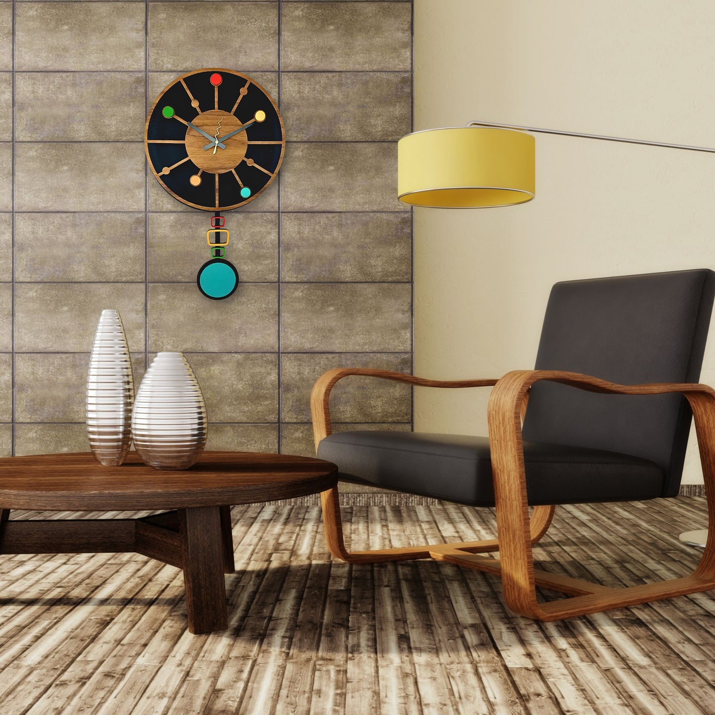 Mid Century Modern Ball Clock, Vintage 50s Home, Retro Swinging Pendulum Wall Clock, Handmade Wood Decor, MCM Vintage Design Style Gift