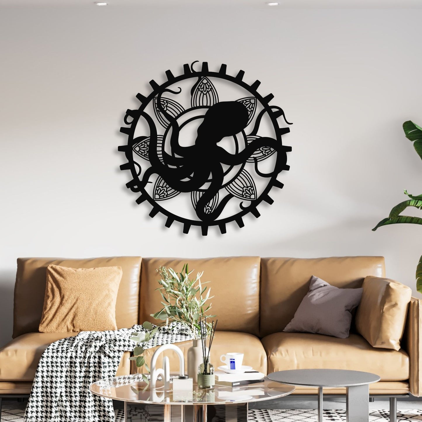 Decorative wall clock with a black silhouette design on a white wall above a brown sofa.