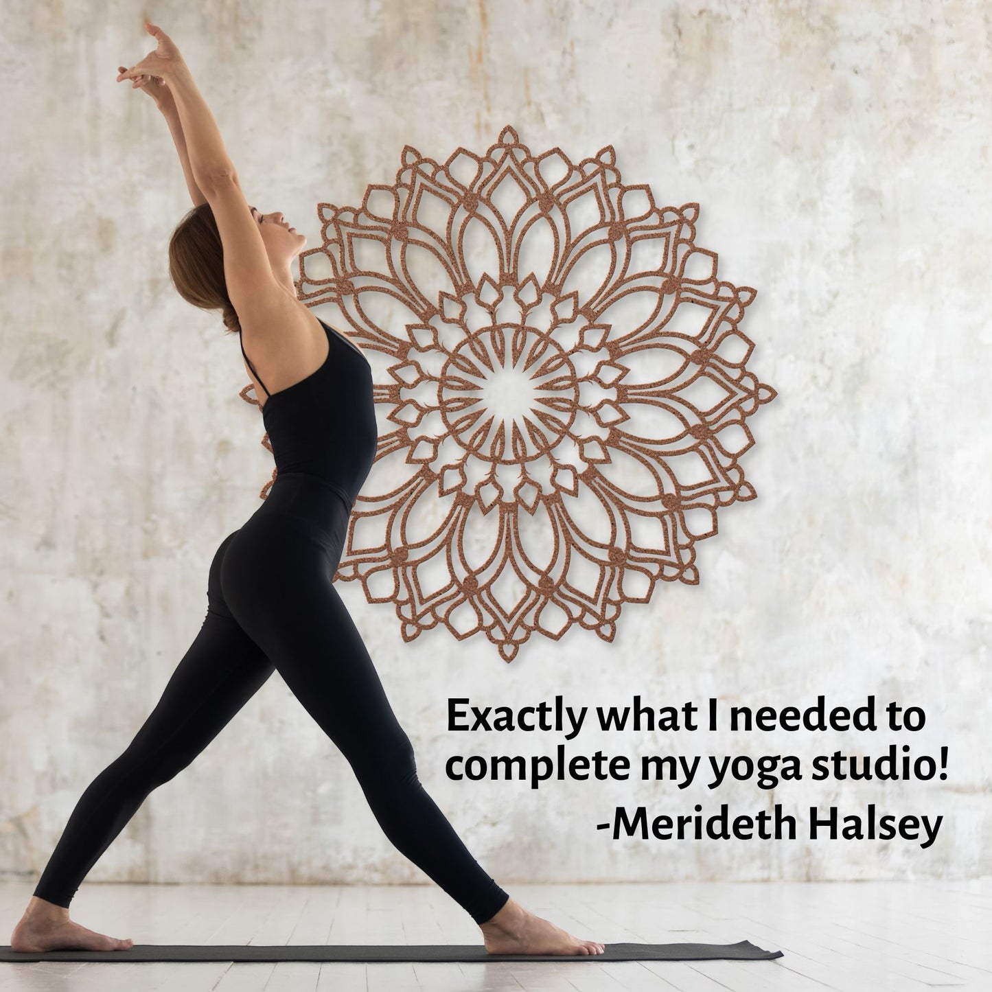 Lotus Flower Mandala Metal Wall Art copper shown with yoga studio and woman with a quote