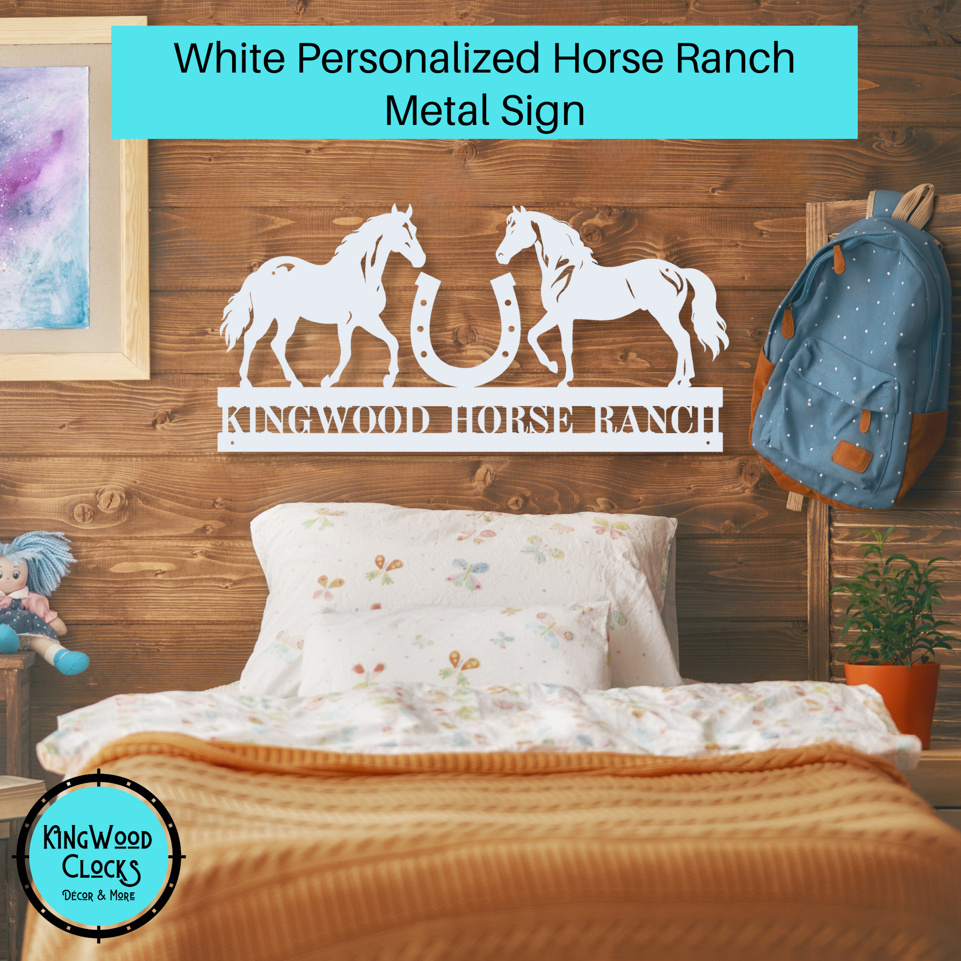 Personalized Horse Ranch Metal Sign shown in white hanging over girls bed in bedroom