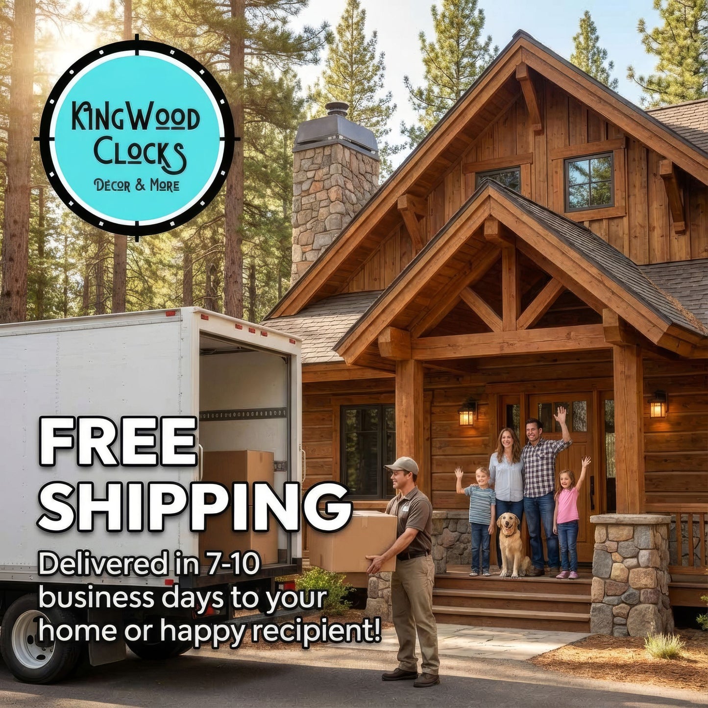 Family with a dog standing on the steps of a wooden house with a moving truck and 'Kingwood Clocks' logo. Free shipping!