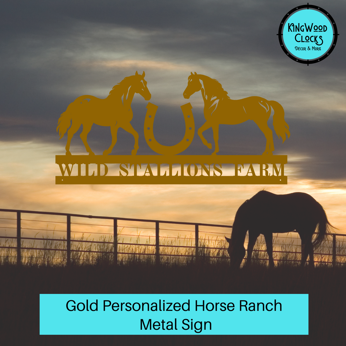 Personalized Horse Ranch Metal Sign shown in gold over horse ranch pasture