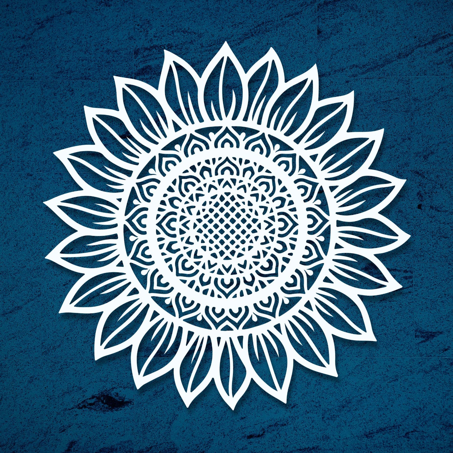 White floral mandala design on a blue textured background