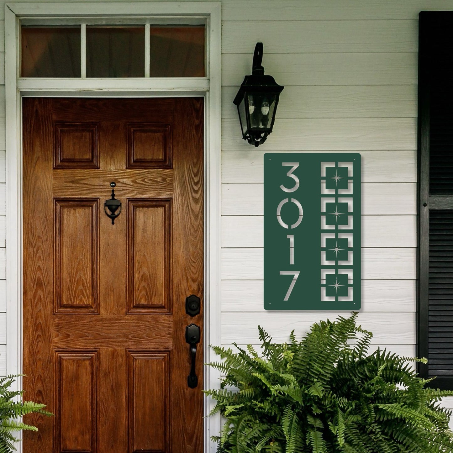 Metal Address Sign, Vertical Starburst Block shown in green on porch