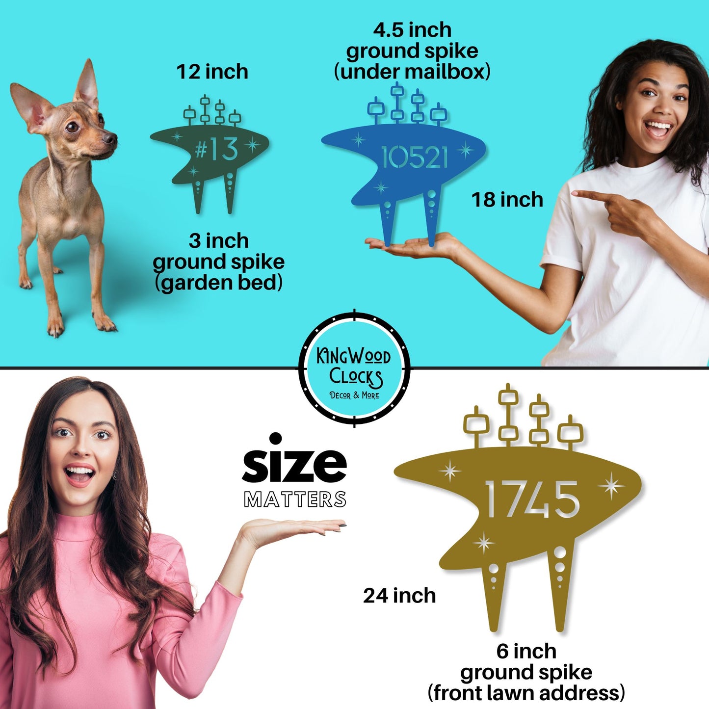 Dog-shaped address markers with size chart and Kingwood Clocks branding on a blue background.