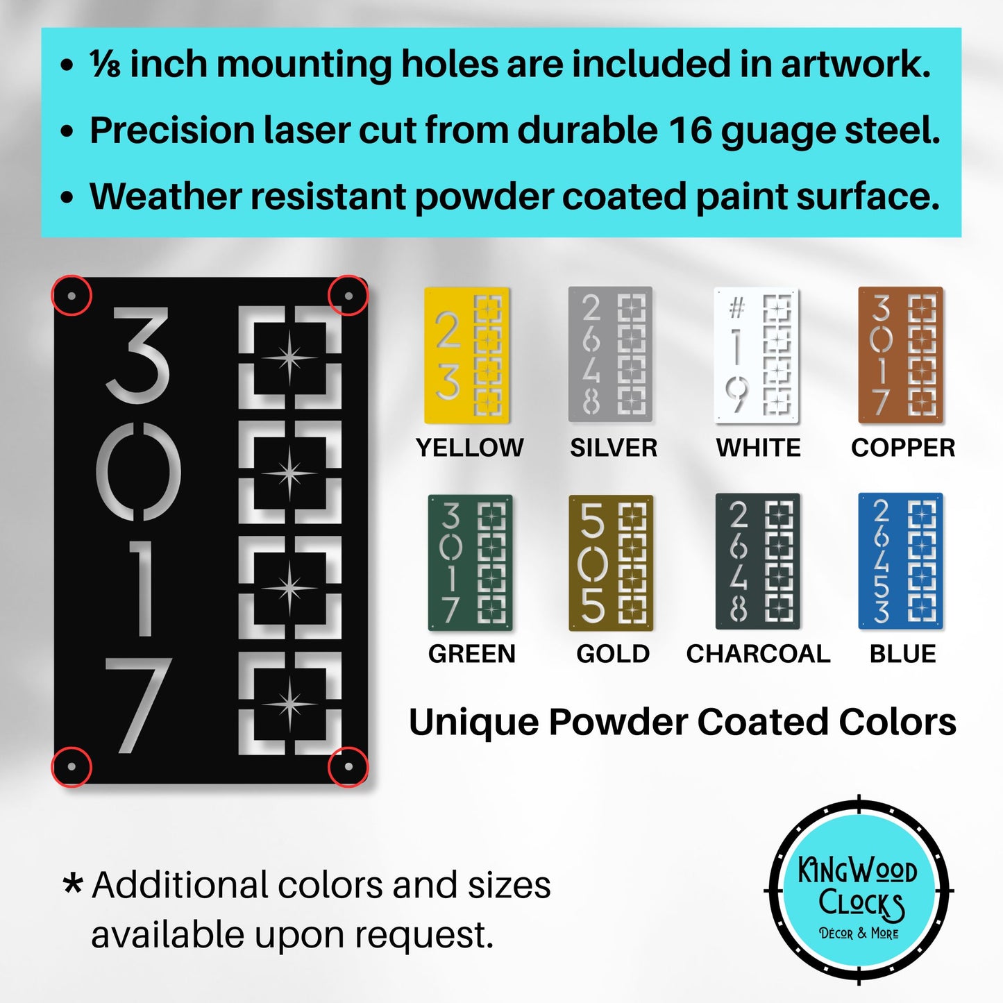 Metal Address Sign, Vertical Starburst Block showing colors and mounting holes in design