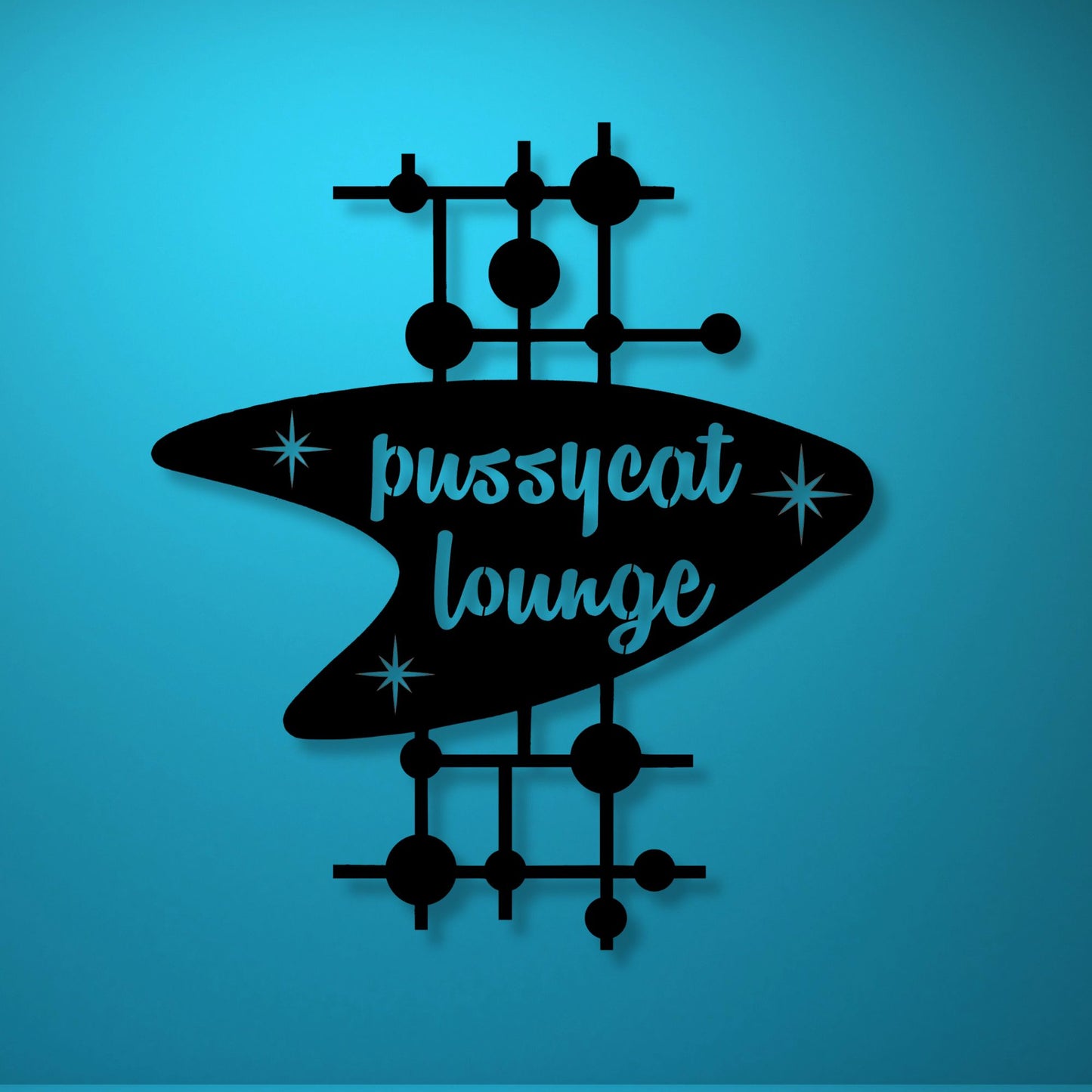 Logo of 'pussycat lounge' with decorative elements on a blue background