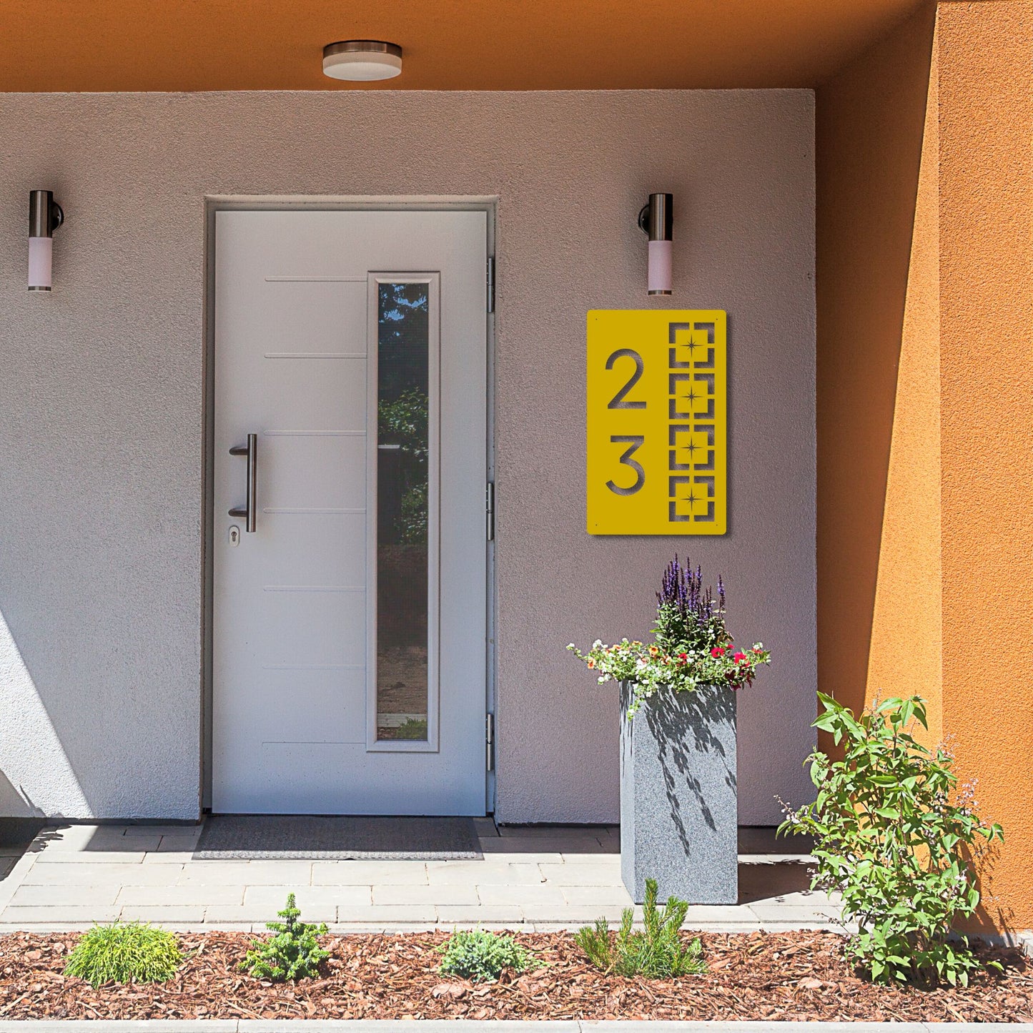 Metal Address Sign, Vertical Starburst Block in yellow on modern desert home