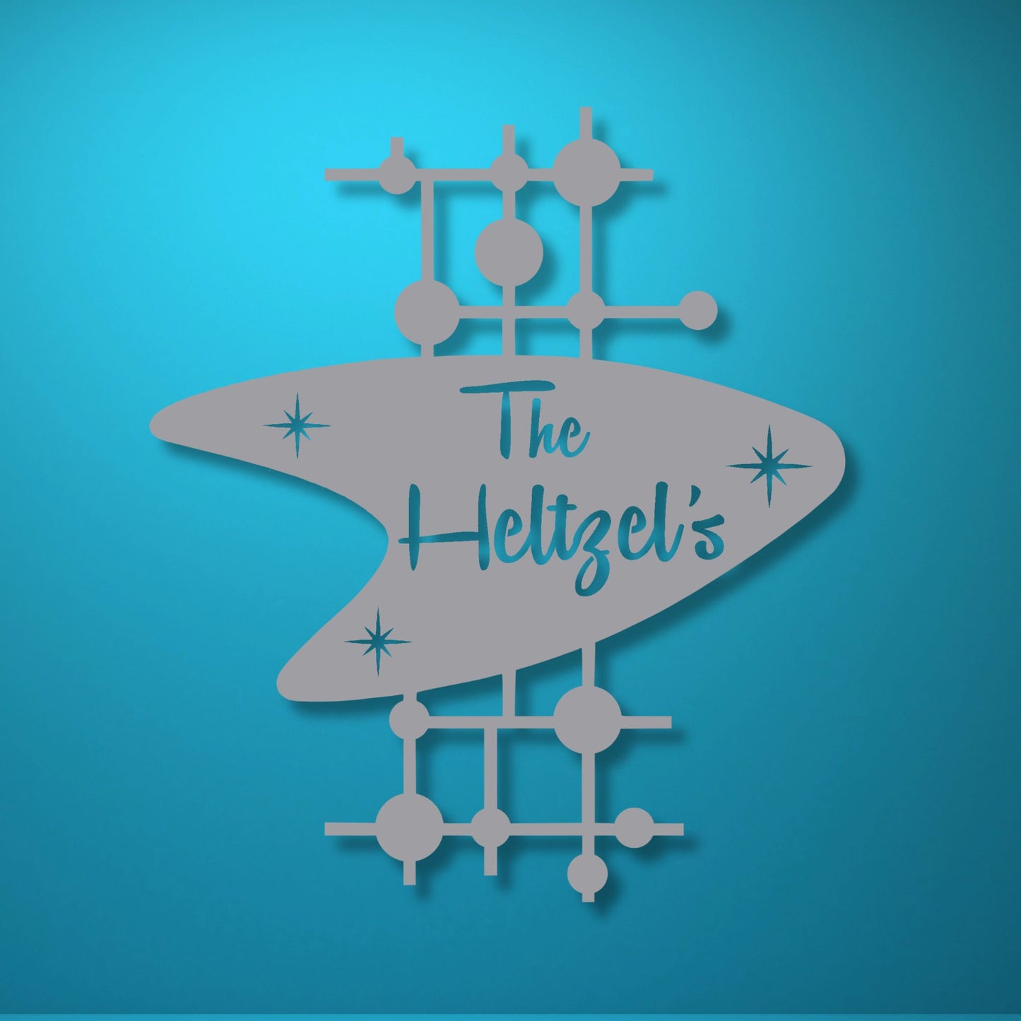 Decorative wall art with 'The Heltzel's' text on a blue background