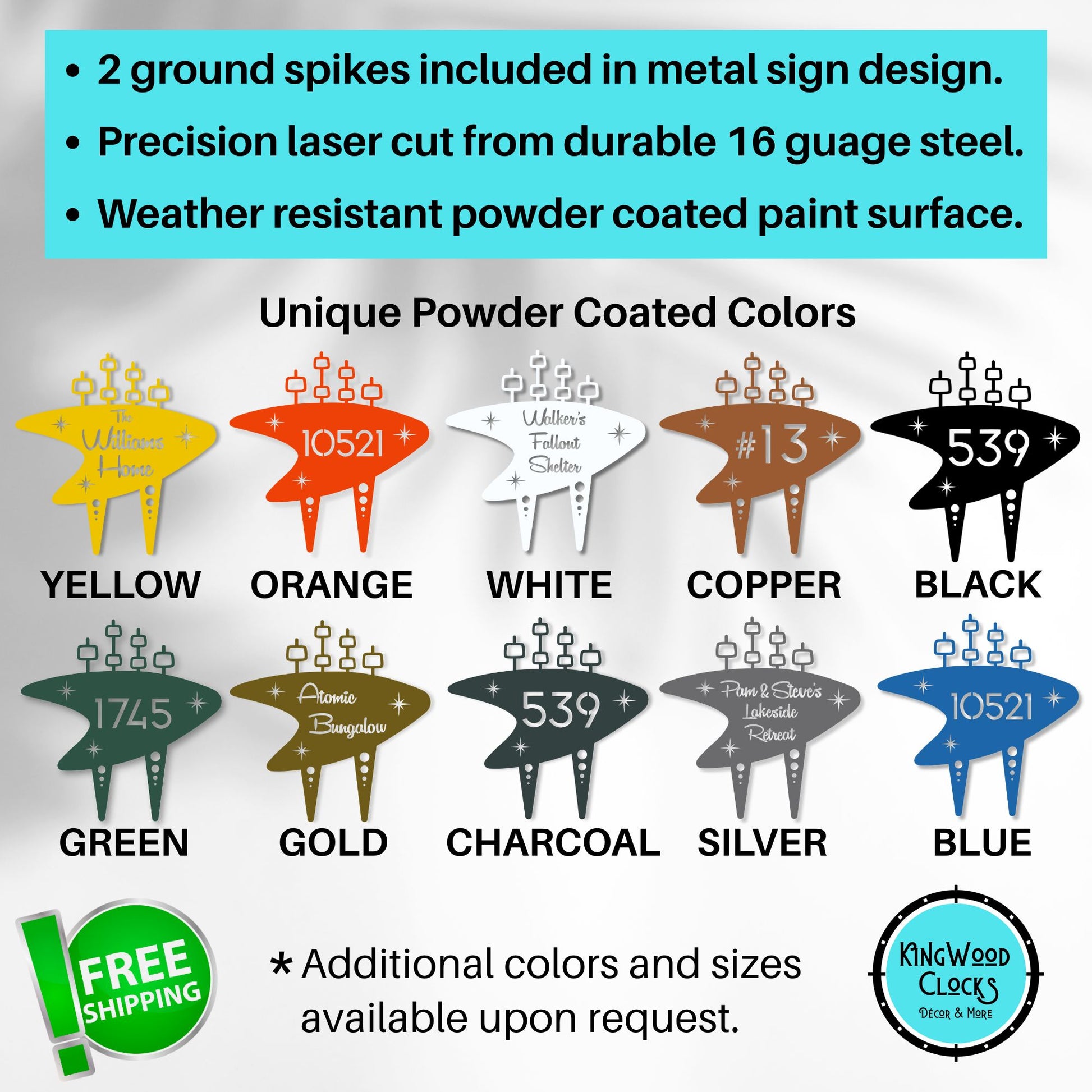 Metal sign design with color options and features on a gray background