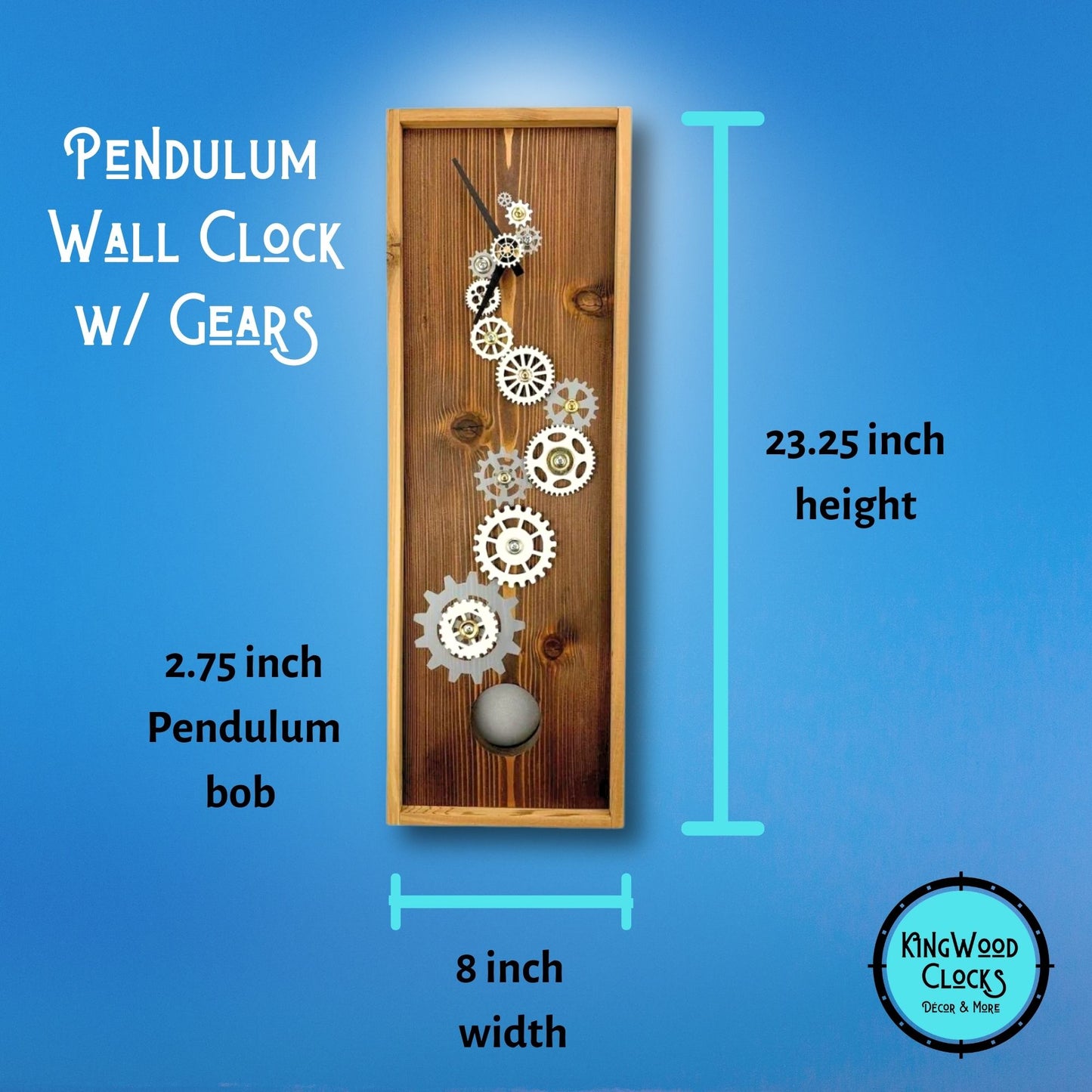 Pendulum Wall Clock w/ Gears, Cedar Wood Wall Art, Silver & White Clock Gears Decoration, Long Hallway Wooden Decor, Fifth Anniversary Gift