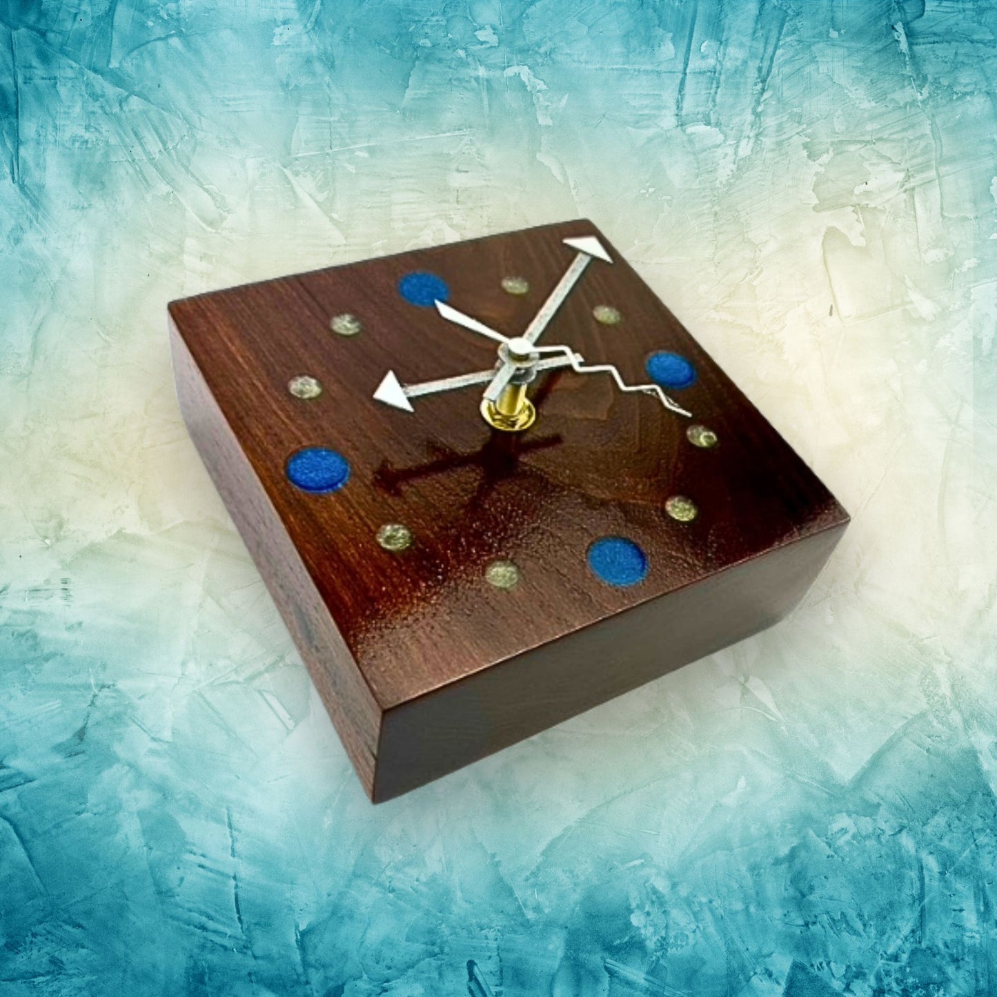 Small Walnut Wall Clock w/ Epoxy Inlay Blue and Pearl White Wall Art, Desk Clock for His Office, Unique Fifth Anniversary Gift, Shelf Clock
