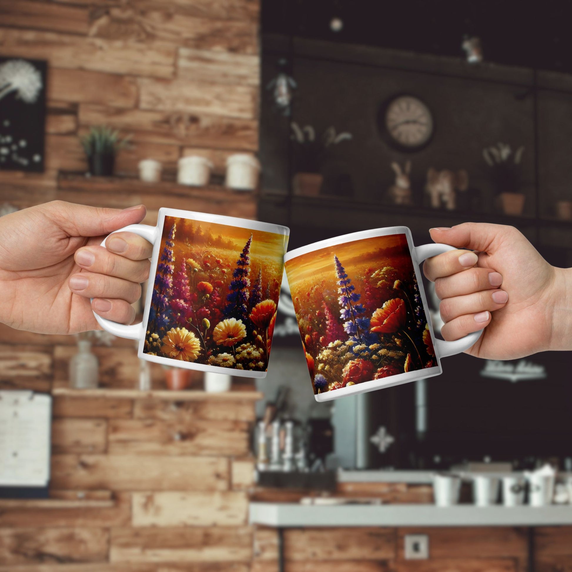 Two hands holding mugs with floral designs against a blurred kitchen background