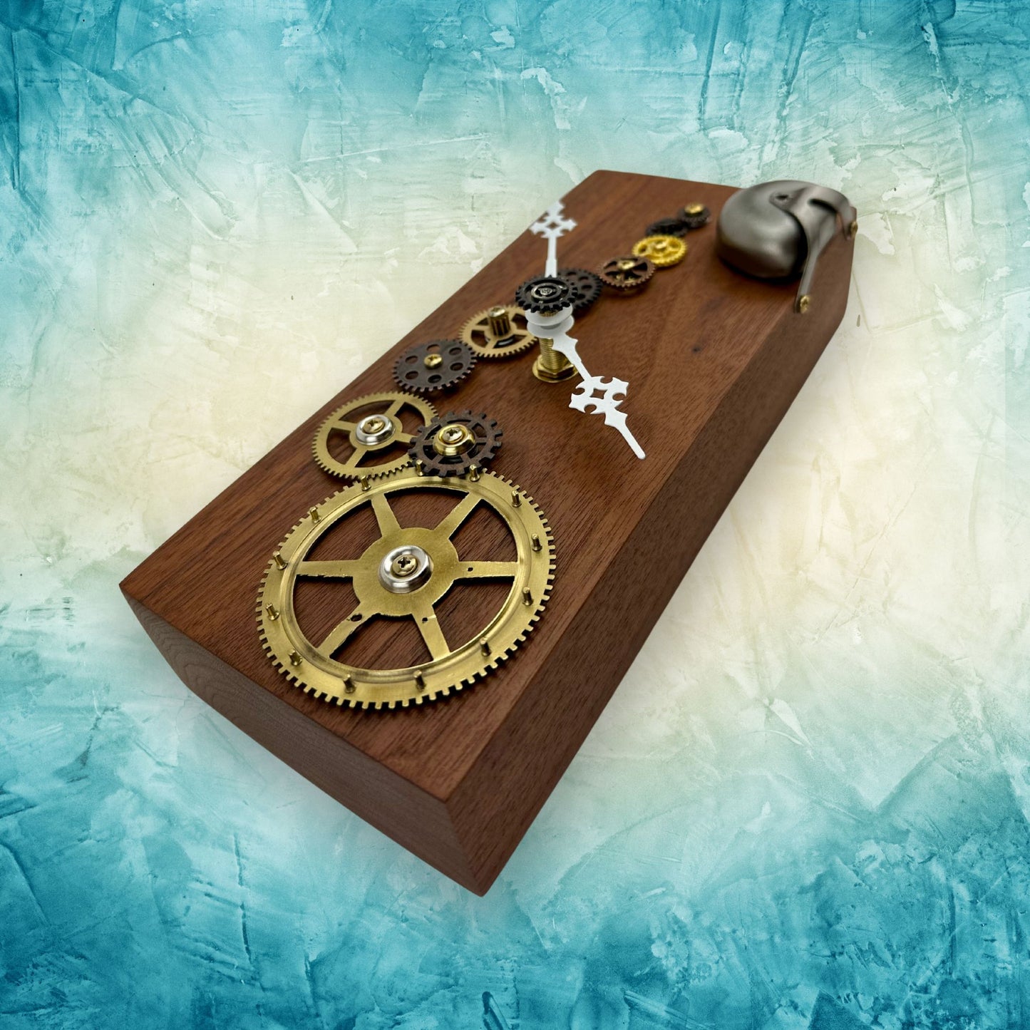 Wooden Wall Clock w/ Brass Gears "Silver Bell", Reclaimed Wood and Metal Wall Art, Small Wall Hanging Art Clock, Unique Decor Gift Idea