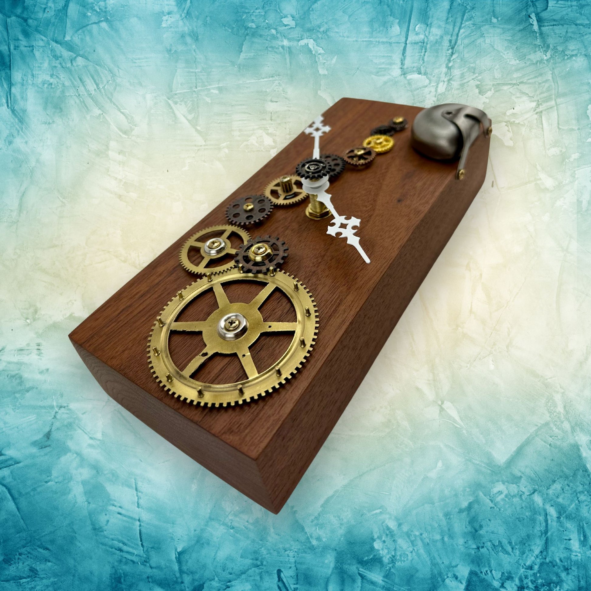 Wooden Wall Clock w/ Brass Gears "Silver Bell", Reclaimed Wood and Metal Wall Art, Small Wall Hanging Art Clock, Unique Decor Gift Idea