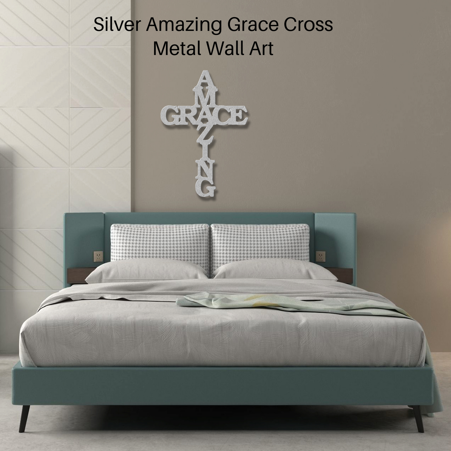 Amazing Grace Cross Metal Wall Art silver over bed in bedroom