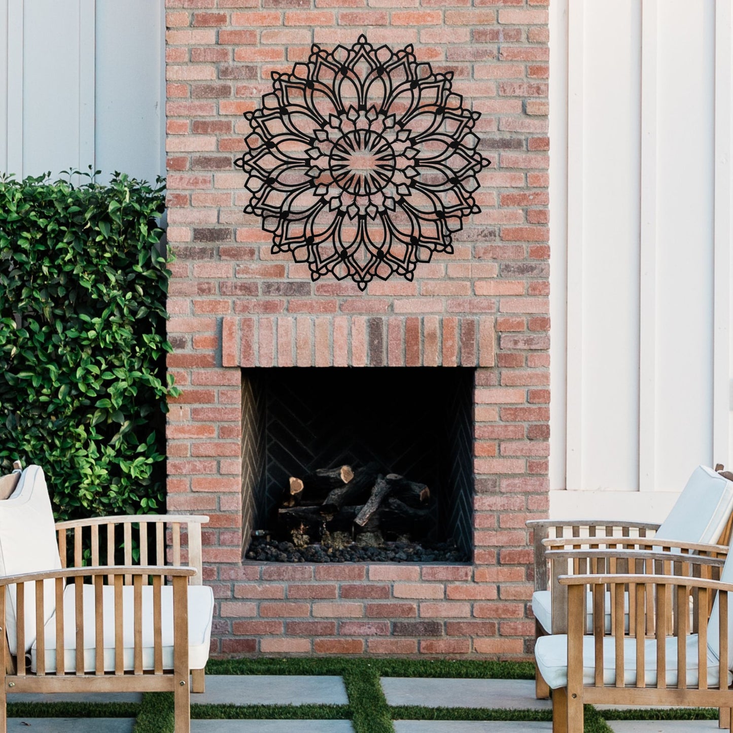 Lotus Flower Mandala Metal Wall Art on outdoor patio over fireplace