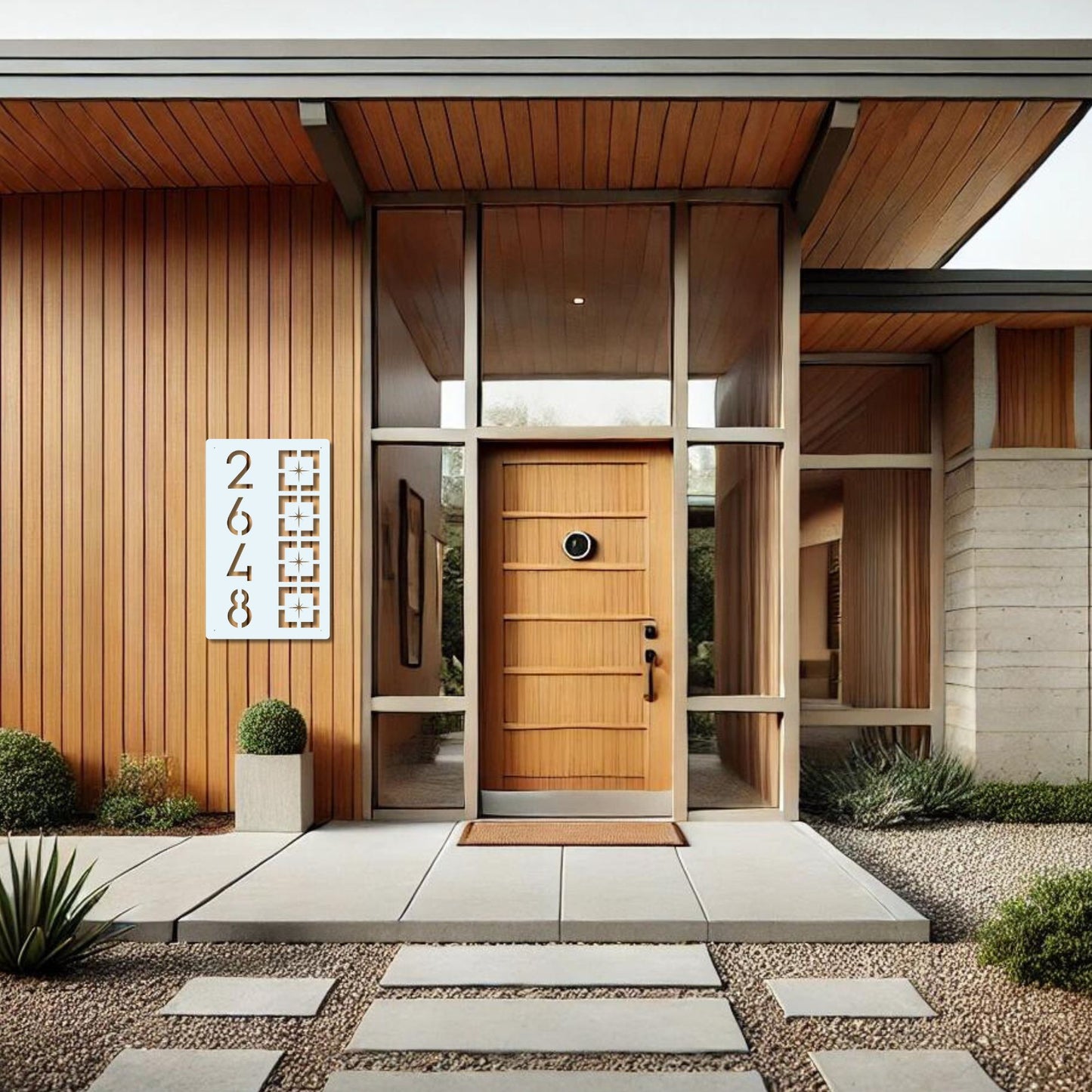 Metal Address Sign, Vertical Starburst Block shown in white on modern mid century style house