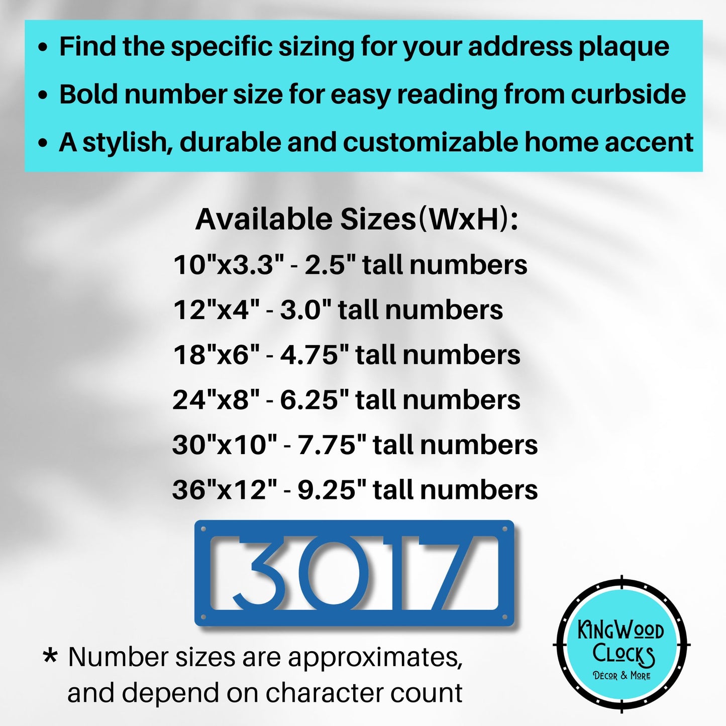 Horizontal Number Address Sign, Open Style shown in blue with sizing chart