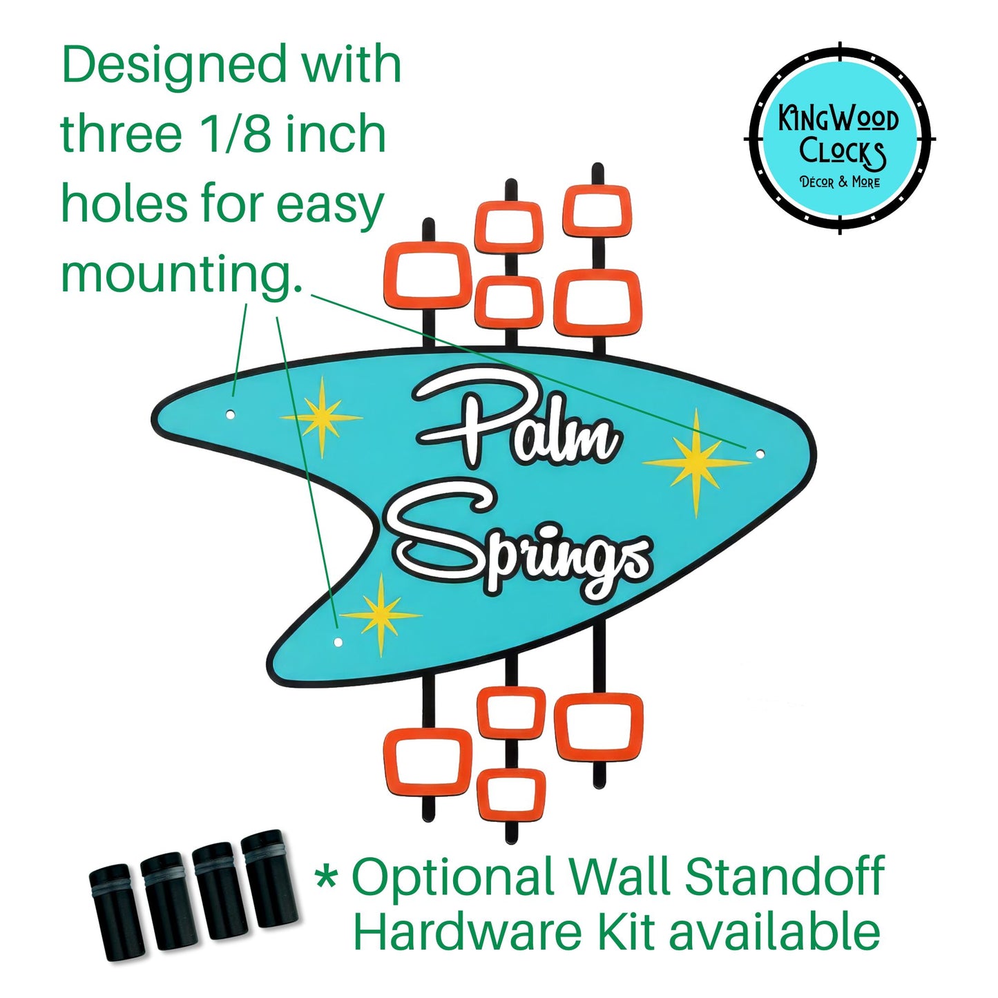 Decorative sign with 'Palm Springs' design and Kingwood Clocks branding on a white background.