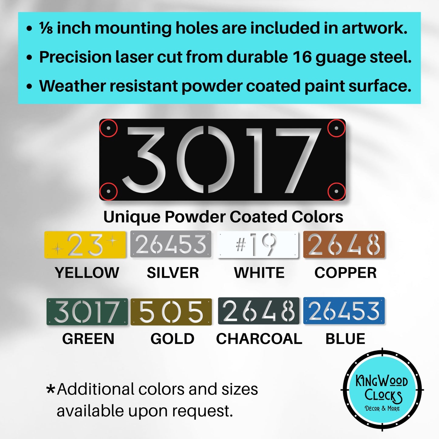 Horizontal Number Address Sign, Closed Style infographic with all colors and 4x 1/8 inch holes in art