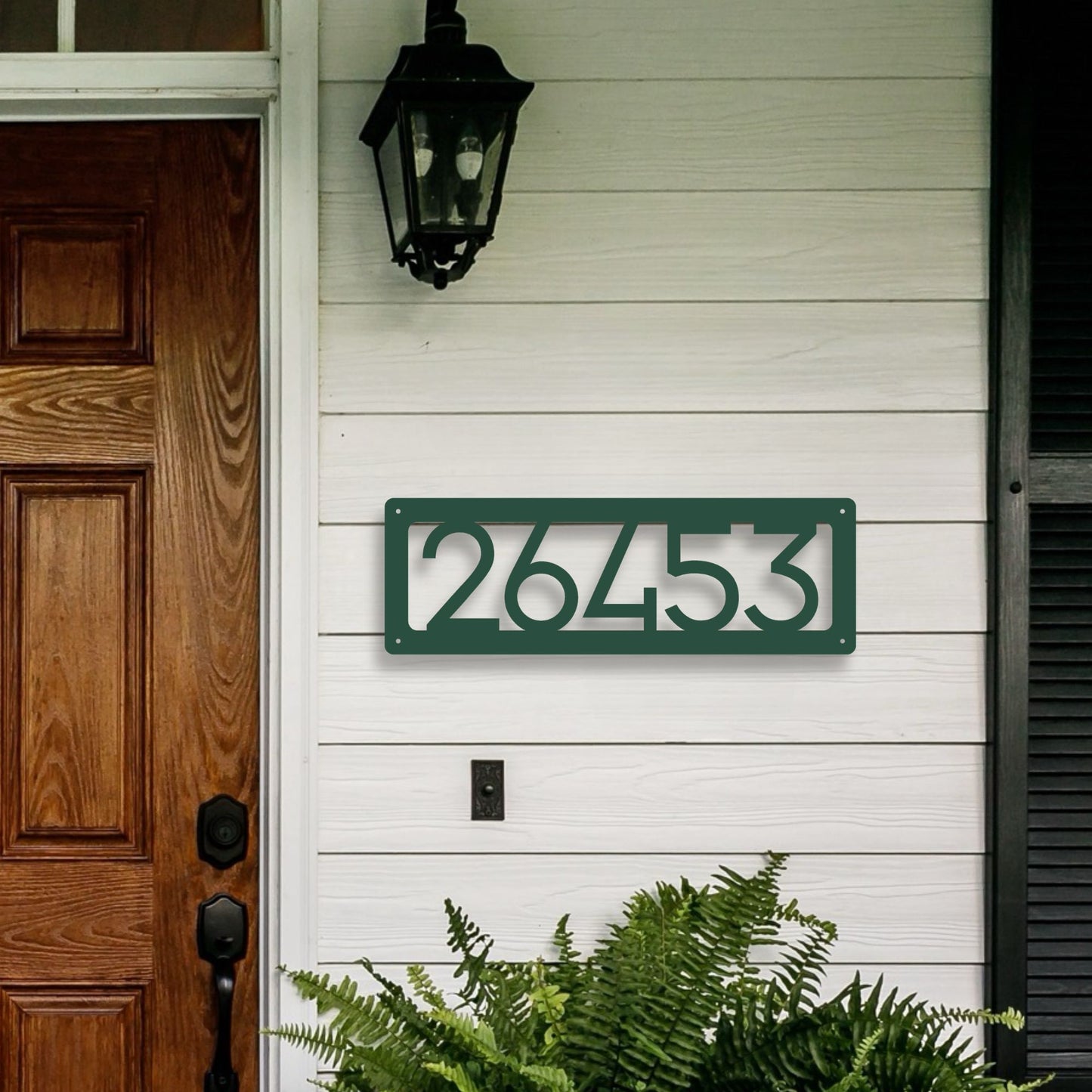 Horizontal Number Address Sign, Open Style shown in green on front porch