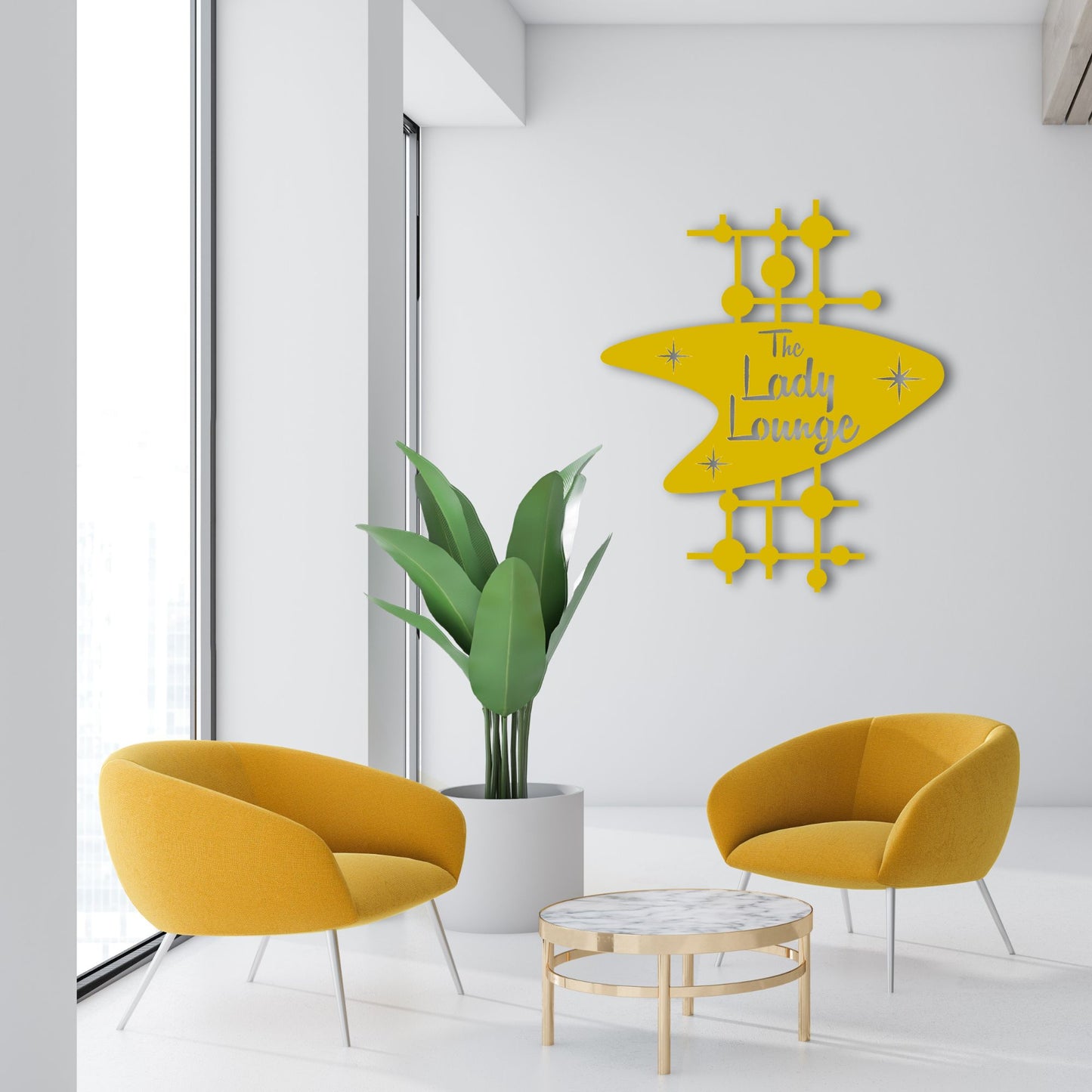Modern interior with yellow chairs, a plant, and a decorative wall piece.