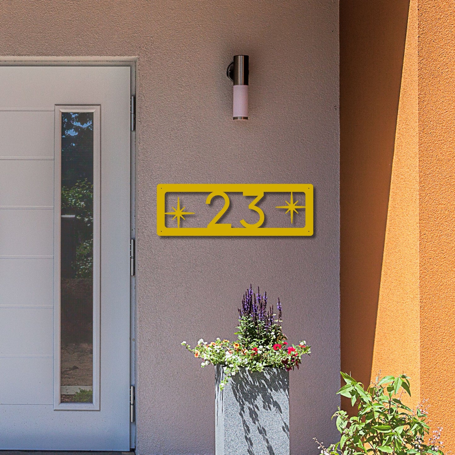 Horizontal Number Address Sign, Open Style yellow on mcm palm springs style front porch of home
