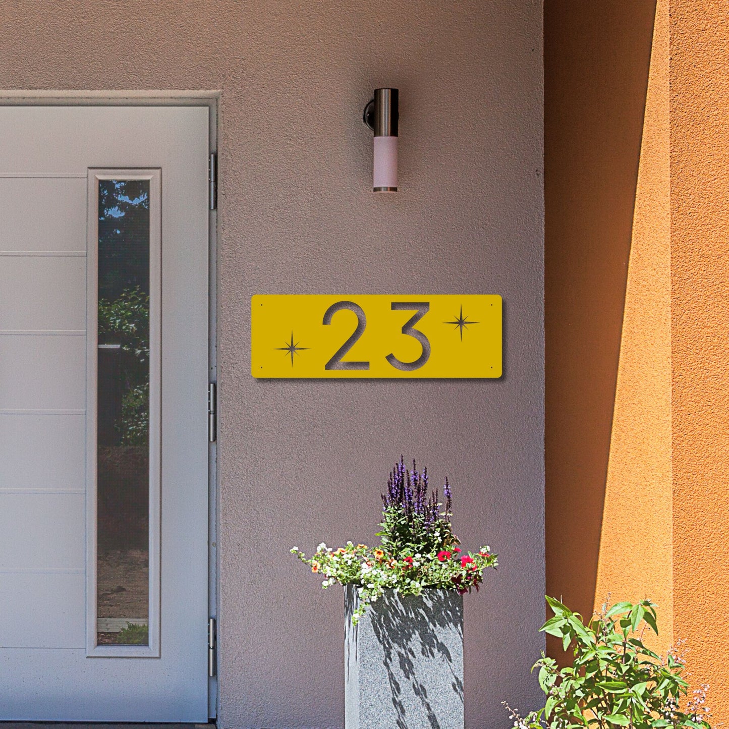 Horizontal Number Address Sign, Closed Style yellow address with starburst on ultra modern front porch
