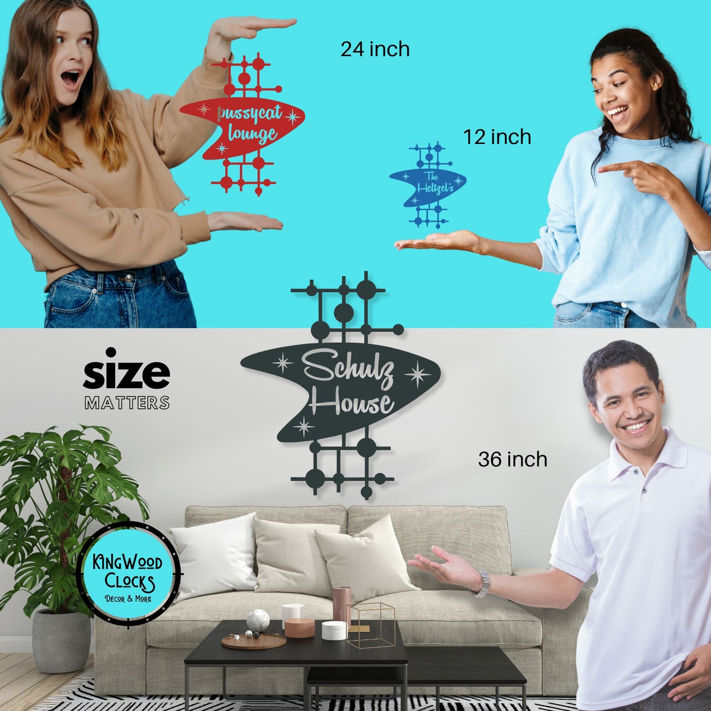 Comparison of wall art sizes with people holding models, featuring 'Mustach Lounge' and 'Schulz House'.