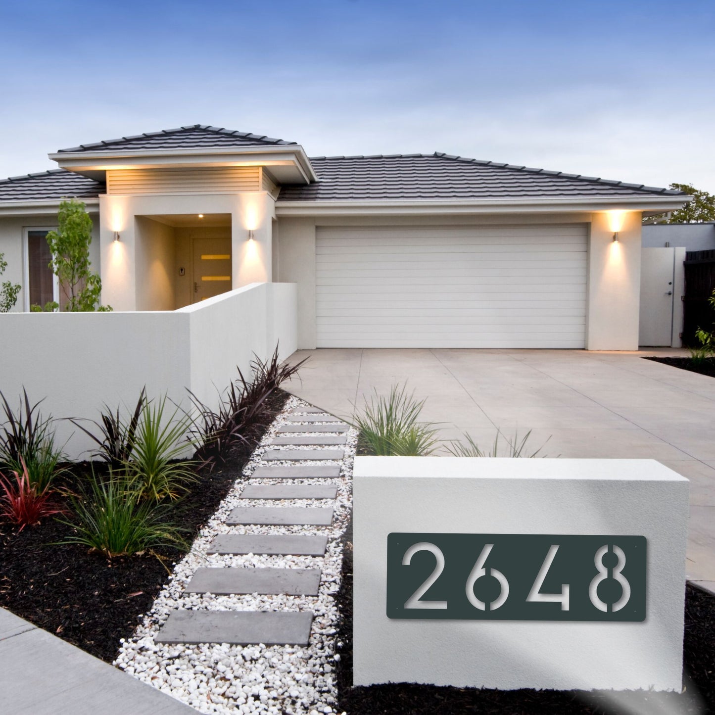 Horizontal Number Address Sign, Closed Style charcoal shown at foot of driveway as address marker for street