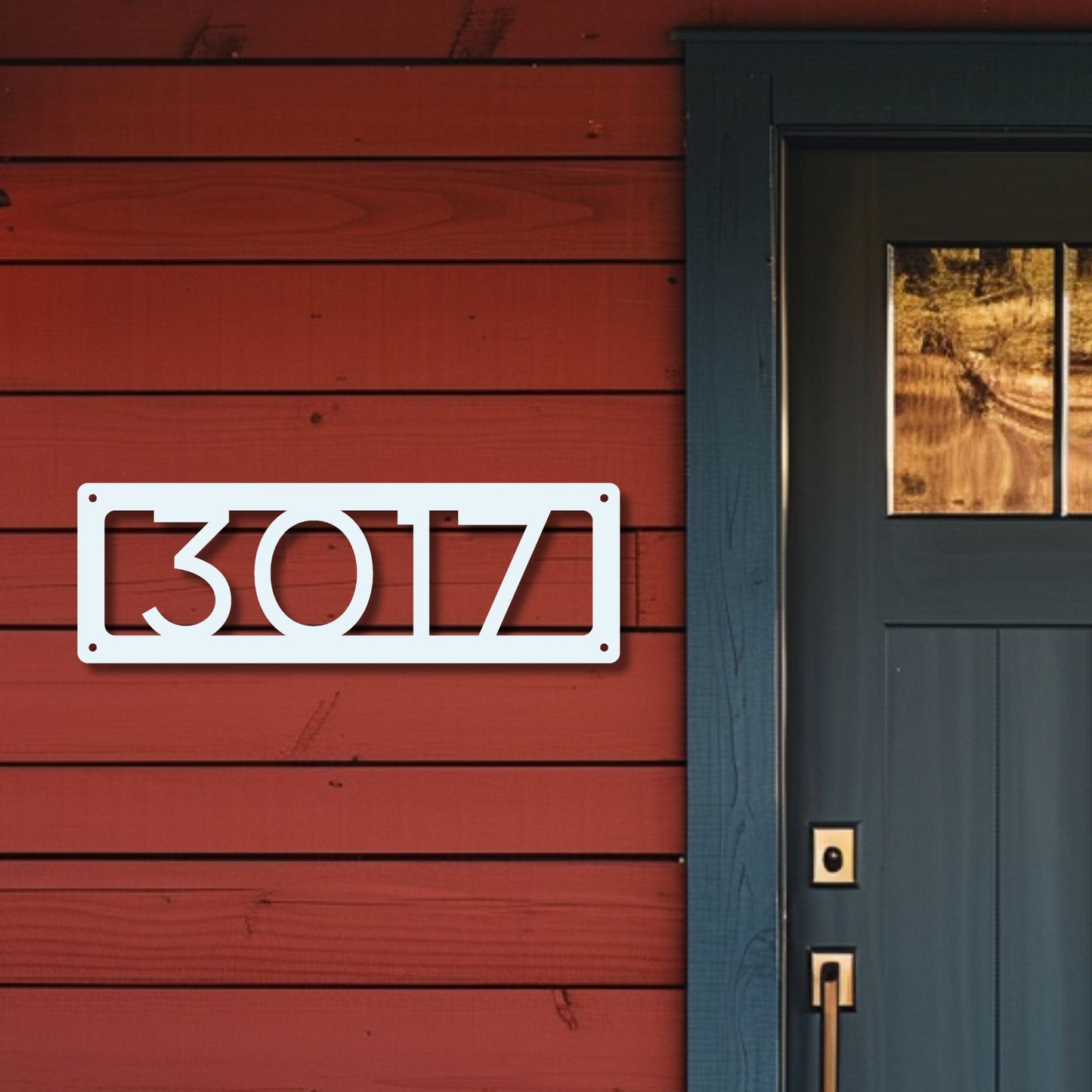 House number '3017' on a red wooden wall with a blue door.