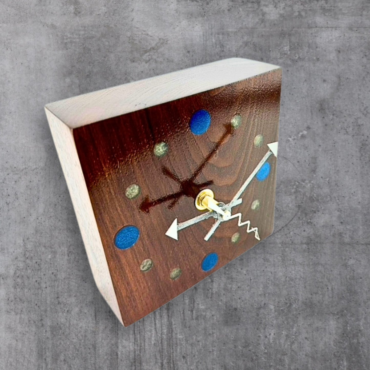Small Walnut Wall Clock w/ Epoxy Inlay Blue and Pearl White Wall Art, Desk Clock for His Office, Unique Fifth Anniversary Gift, Shelf Clock