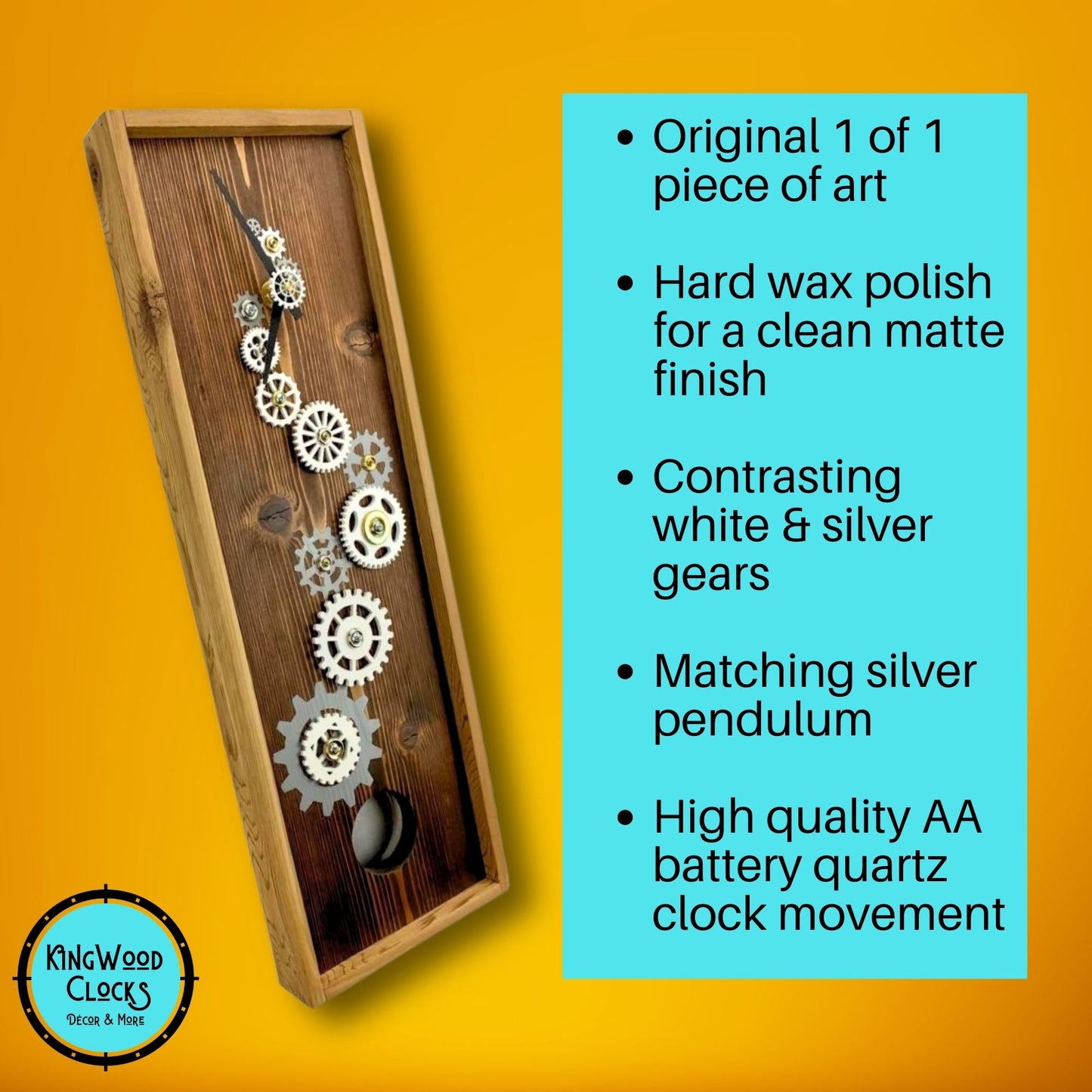 Pendulum Wall Clock w/ Gears, Cedar Wood Wall Art, Silver & White Clock Gears Decoration, Long Hallway Wooden Decor, Fifth Anniversary Gift