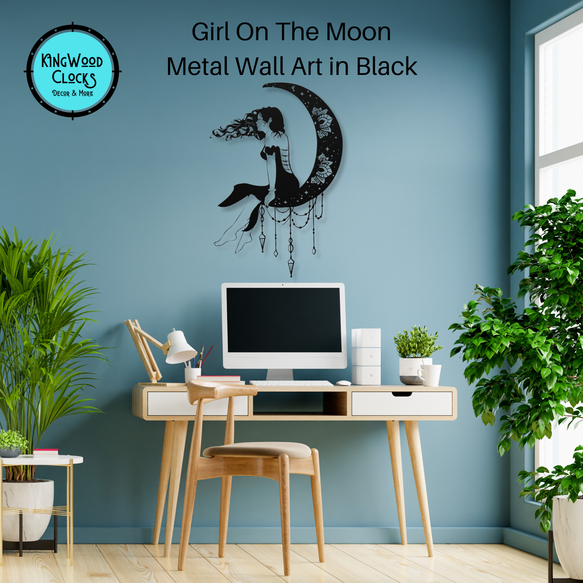 Girl On The Moon Metal Wall Art, Crescent Moon Phases Decor for Girls Bedroom, Mystical Dream Catcher Gift for Her, Dark Academia Mandala