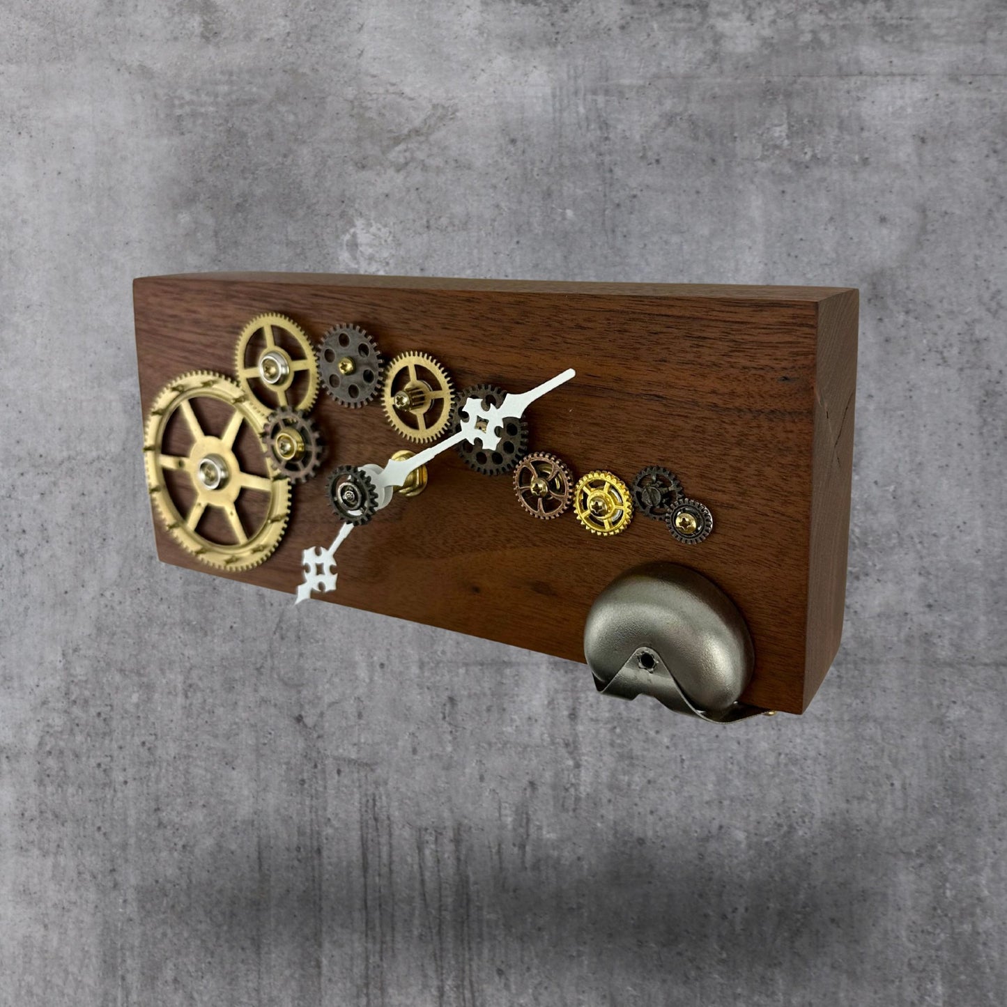 Wooden Wall Clock w/ Brass Gears "Silver Bell", Reclaimed Wood and Metal Wall Art, Small Wall Hanging Art Clock, Unique Decor Gift Idea