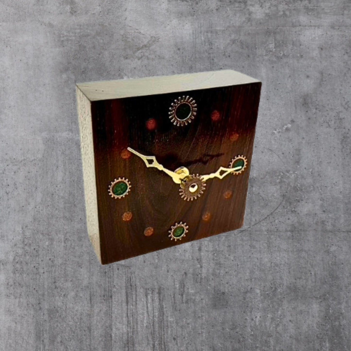 Walnut Wood Wall Clock w/ Metal Gears, Epoxy Inlay Burnt Orange and Earth Green Handmade Wood Art, Unique Wooden Gift Ideas, Steampunk Decor