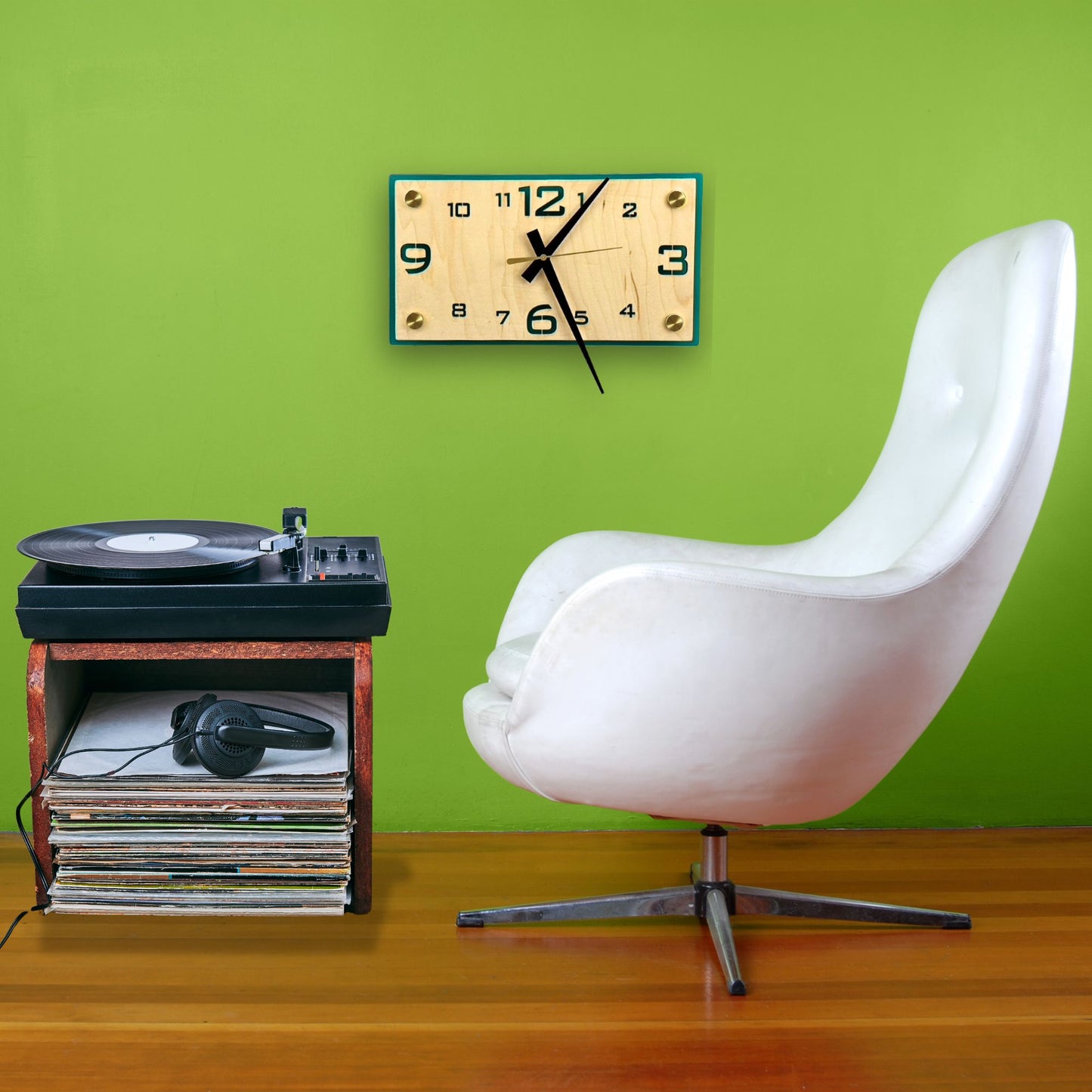 Mid Century Modern Rectangle Wall Clock - MCM Colors, Brass Standoffs, Non-Ticking Silent Quartz Movement, Retro Decor