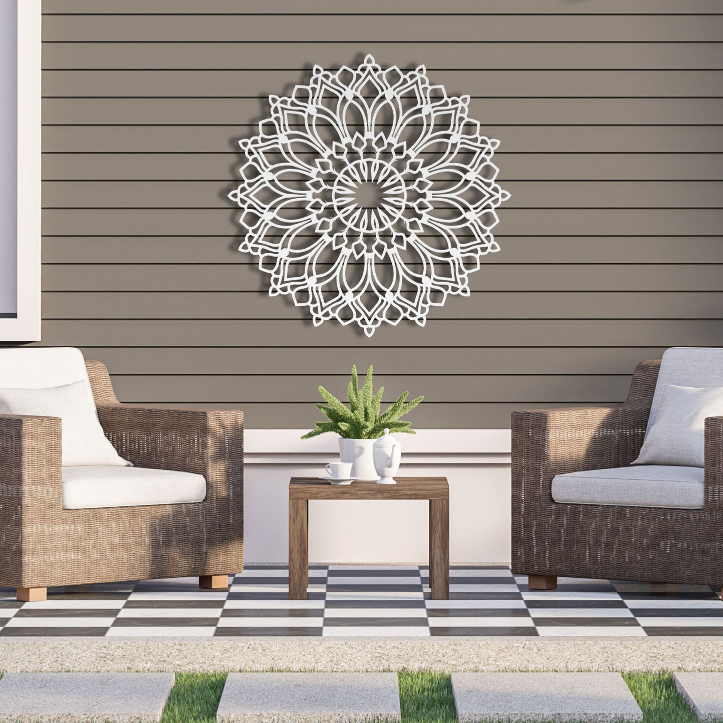 Lotus Flower Mandala Metal Wall Art shown in white on cozy backyard patio