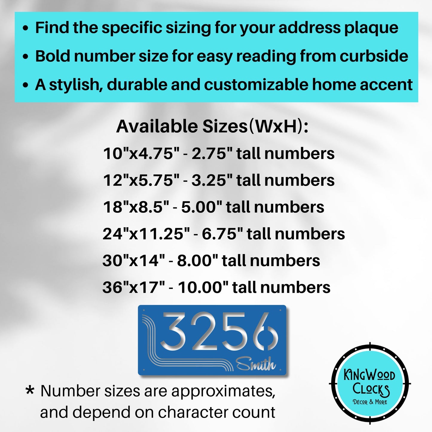 Informational graphic about address plaque sizes with a blue rectangular plaque and text on a light gray background.