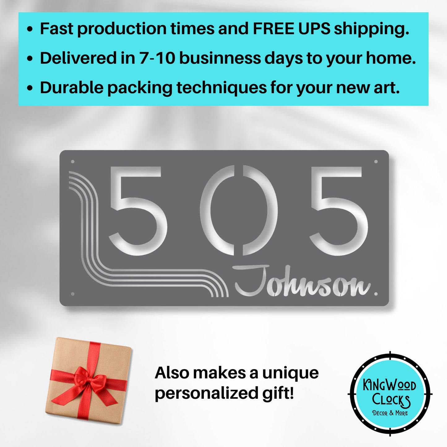 Metallic address sign with '505 Johnson' on a gray background, featuring promotional text about fast production times and free UPS shipping.