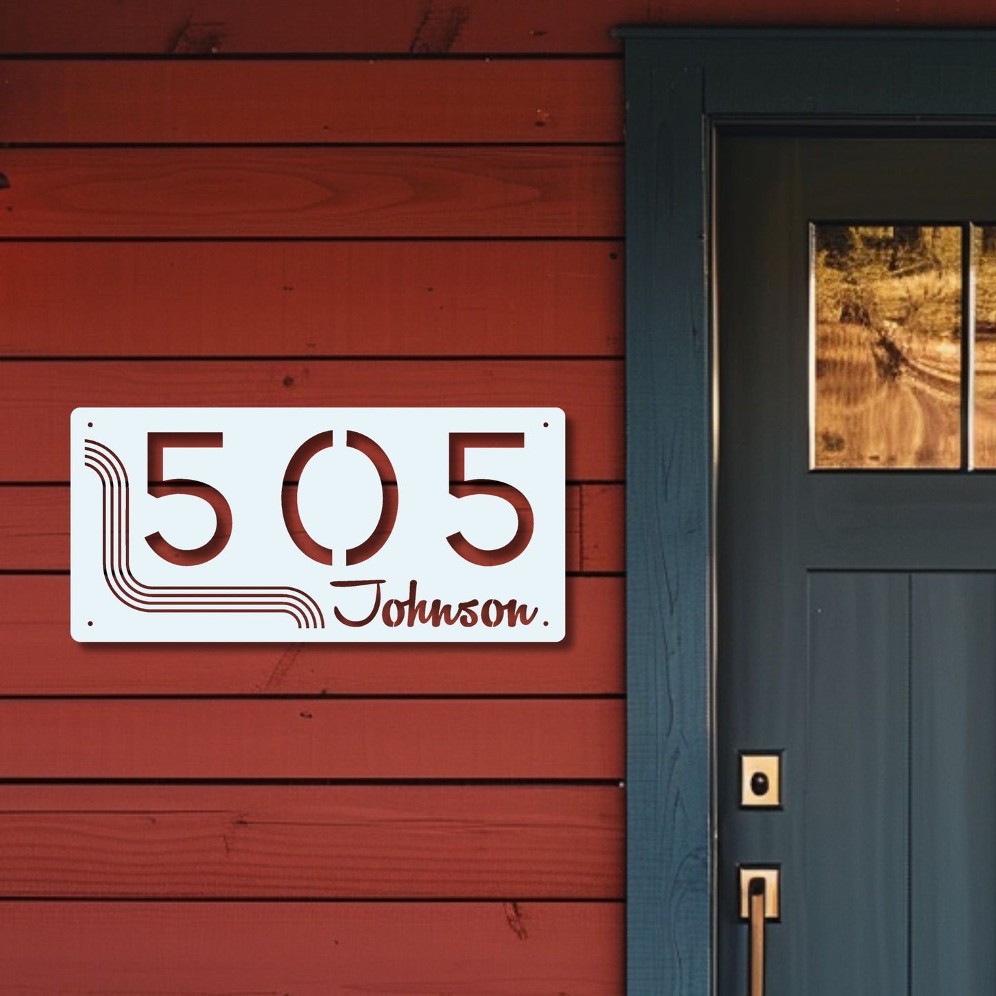 House number sign '505 Johnson' on a red wooden wall with a blue door.