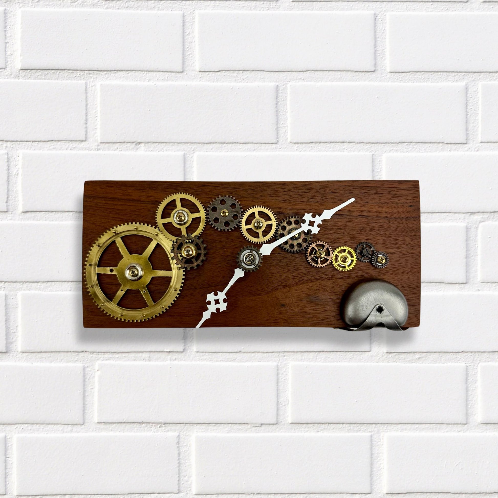 Wooden Wall Clock w/ Brass Gears "Silver Bell", Reclaimed Wood and Metal Wall Art, Small Wall Hanging Art Clock, Unique Decor Gift Idea