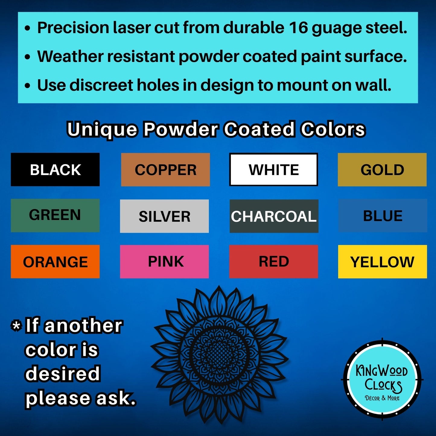Color chart for powder-coated products with Kingwood Clocks logo on a blue background