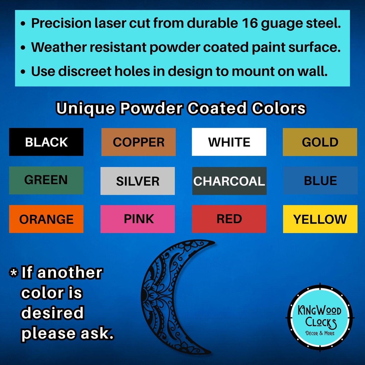 Color chart for powder-coated metal products with Kingwood Clocks branding.