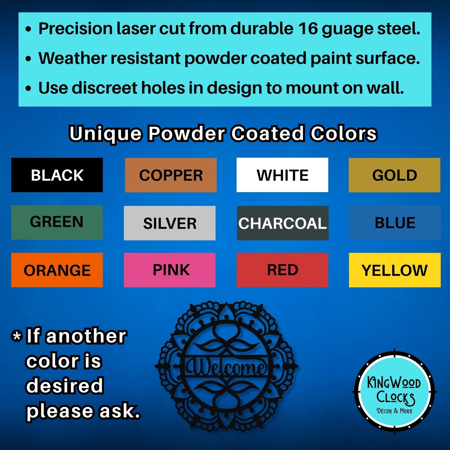 Color chart for powder-coated metal signs with Kingwood Clocks branding.