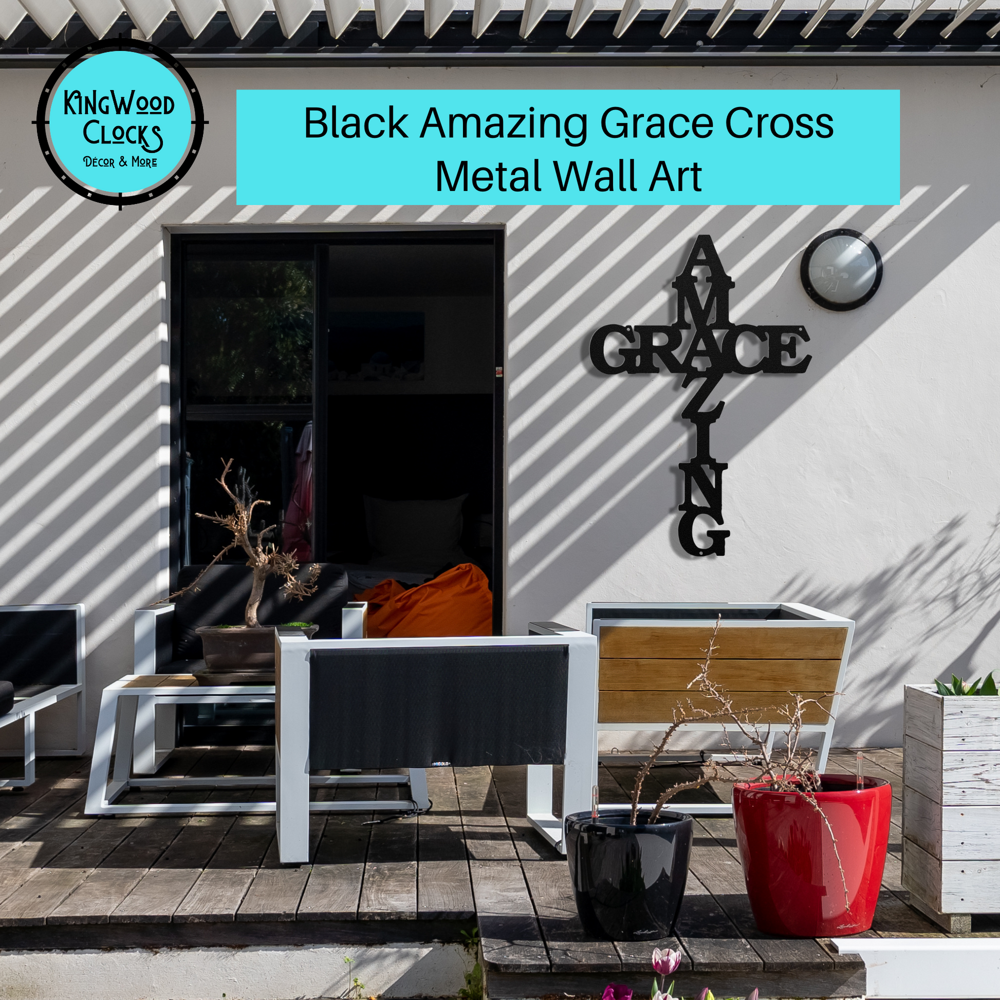 Amazing Grace Cross Metal Wall Art black on porch outside