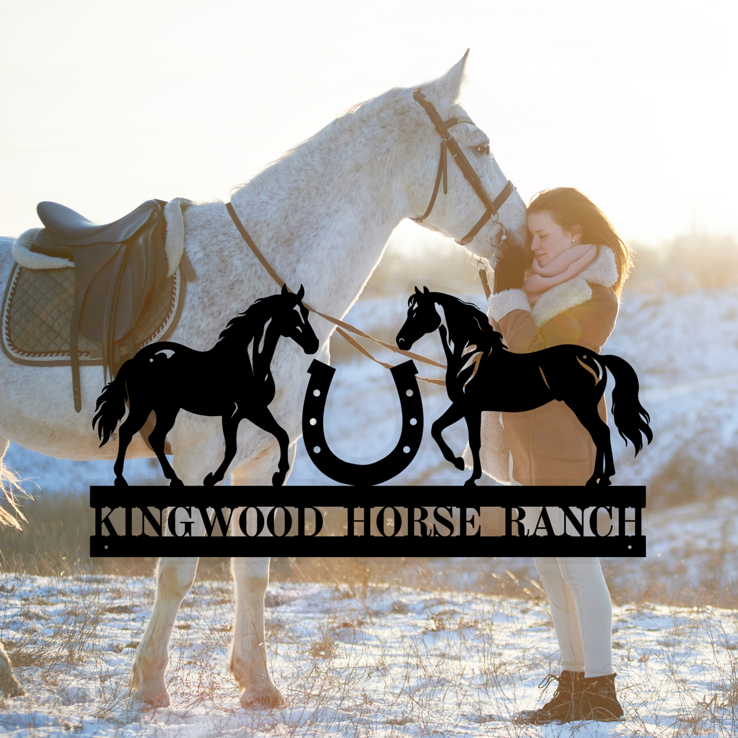 Personalized Horse Ranch Metal Sign shown in black with girl loving her pet horse