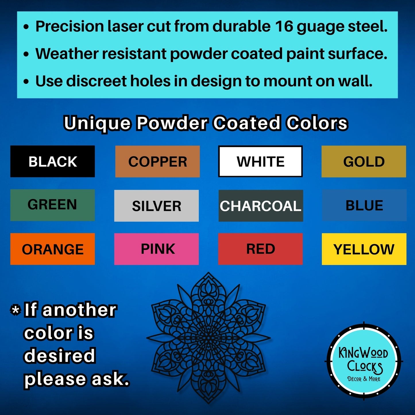 Color chart for powder-coated products with Kingwood Clocks logo on a blue background