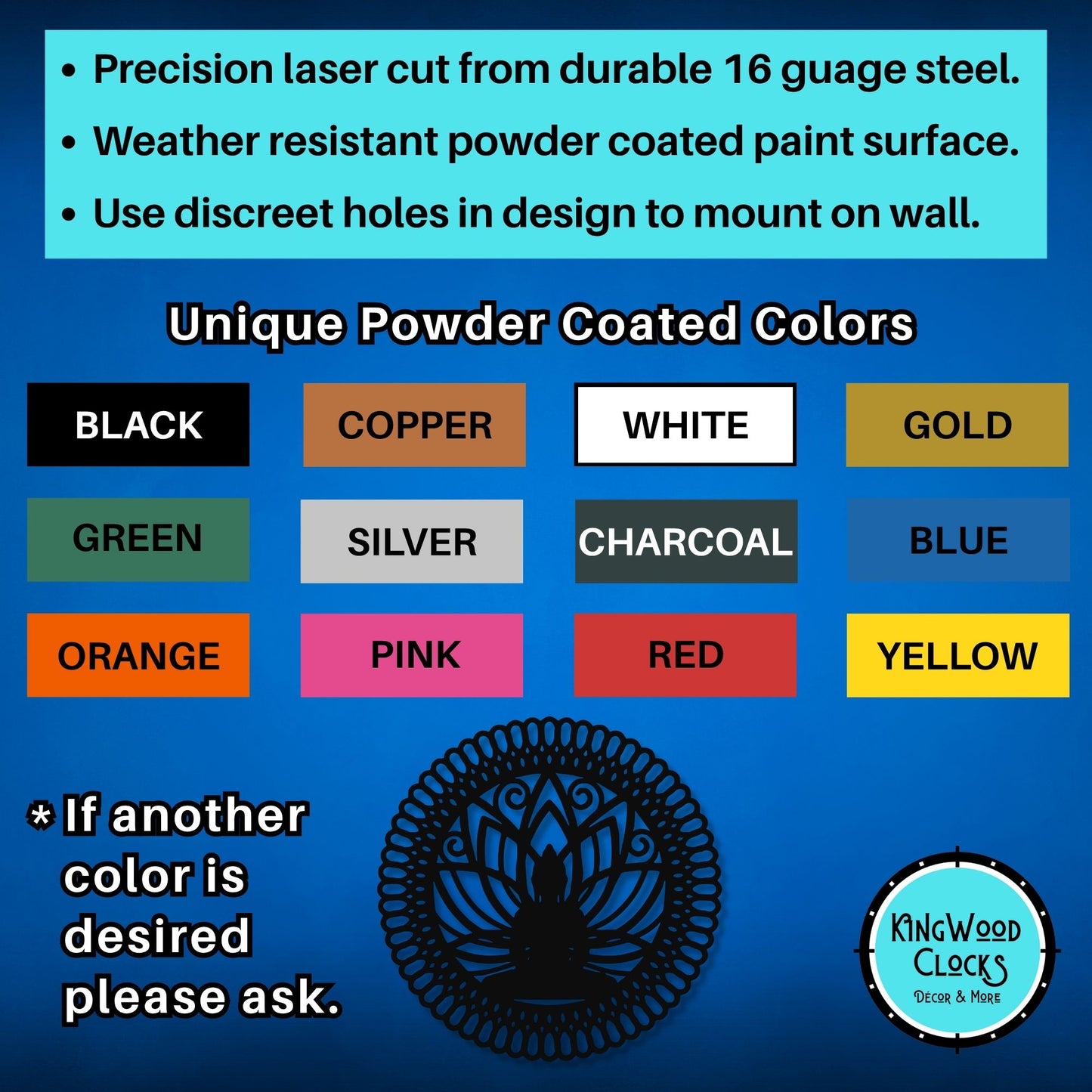 Color chart for powder-coated products with Kingwood Clocks logo on a blue background